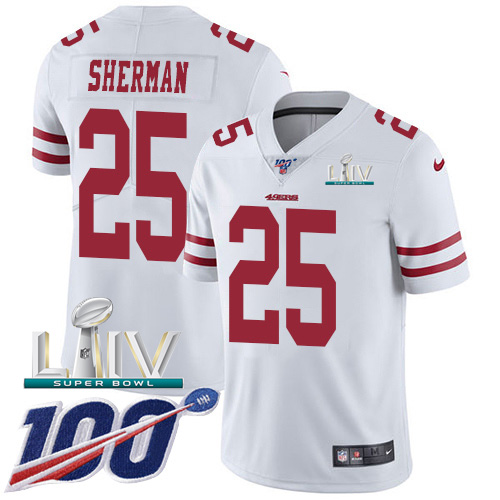San Francisco 49ers Nike #25 Richard Sherman White Super Bowl LIV 2020 Youth Stitched NFL 100th Season Vapor Limited Jersey->youth nfl jersey->Youth Jersey